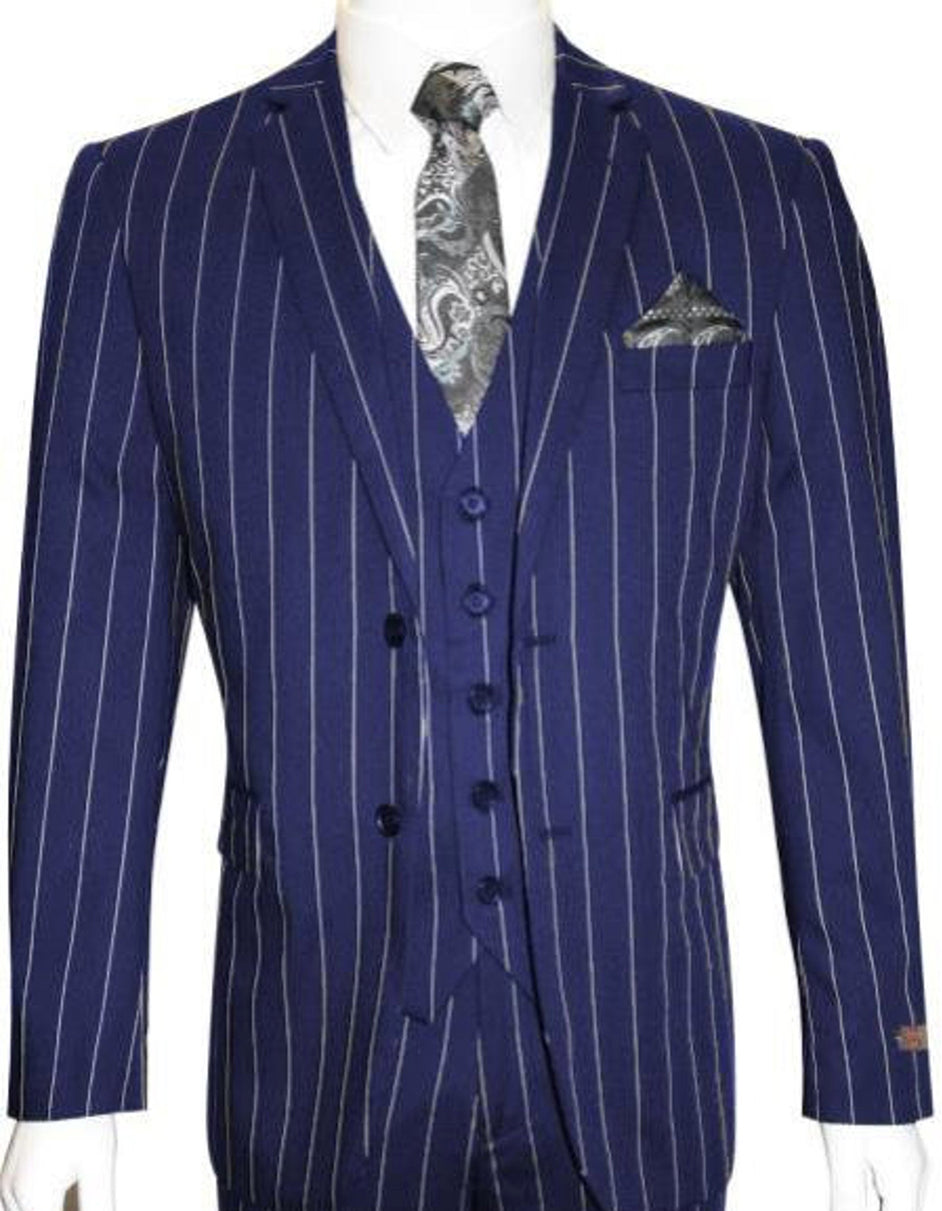 Men's Navy Pinstripe Suit Slim Fit 2 Button Double Breasted Classic Formal Business Wedding