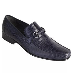 Men's Navy Blue Caiman Belly Leather & Lizard Skin Slip-On Loafers - Los Altos