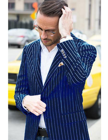 Navy Pinstripe Blazer Men's Slim Fit Designer Fashion Jacket