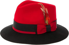 Men's Wool Fedora Hat with Feather - Crushable, Red & Black