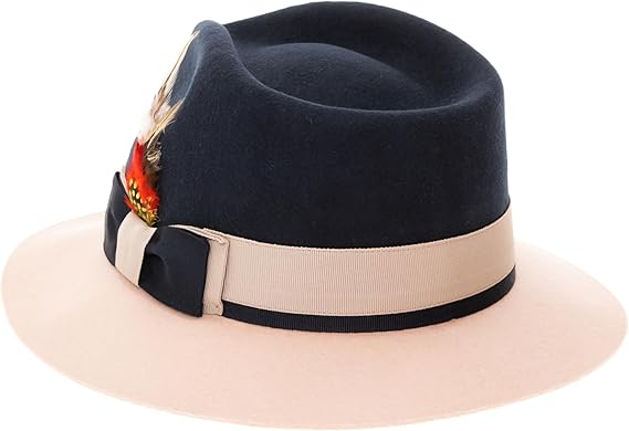 Men's Wool Fedora Hat - Crushable, Classic Gangster Style with Removable Feather (Navy & White)