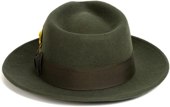 Men's Wool Fedora Hat - Crushable, Olive Green with Removable Feather