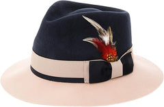 Men's Wool Fedora Hat - Crushable, Classic Gangster Style with Removable Feather (Navy & White)