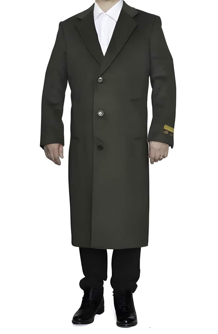 Men's Wool Overcoat, Dark Olive Green, Full Length, Ankle-Length Topcoat, 3 Button