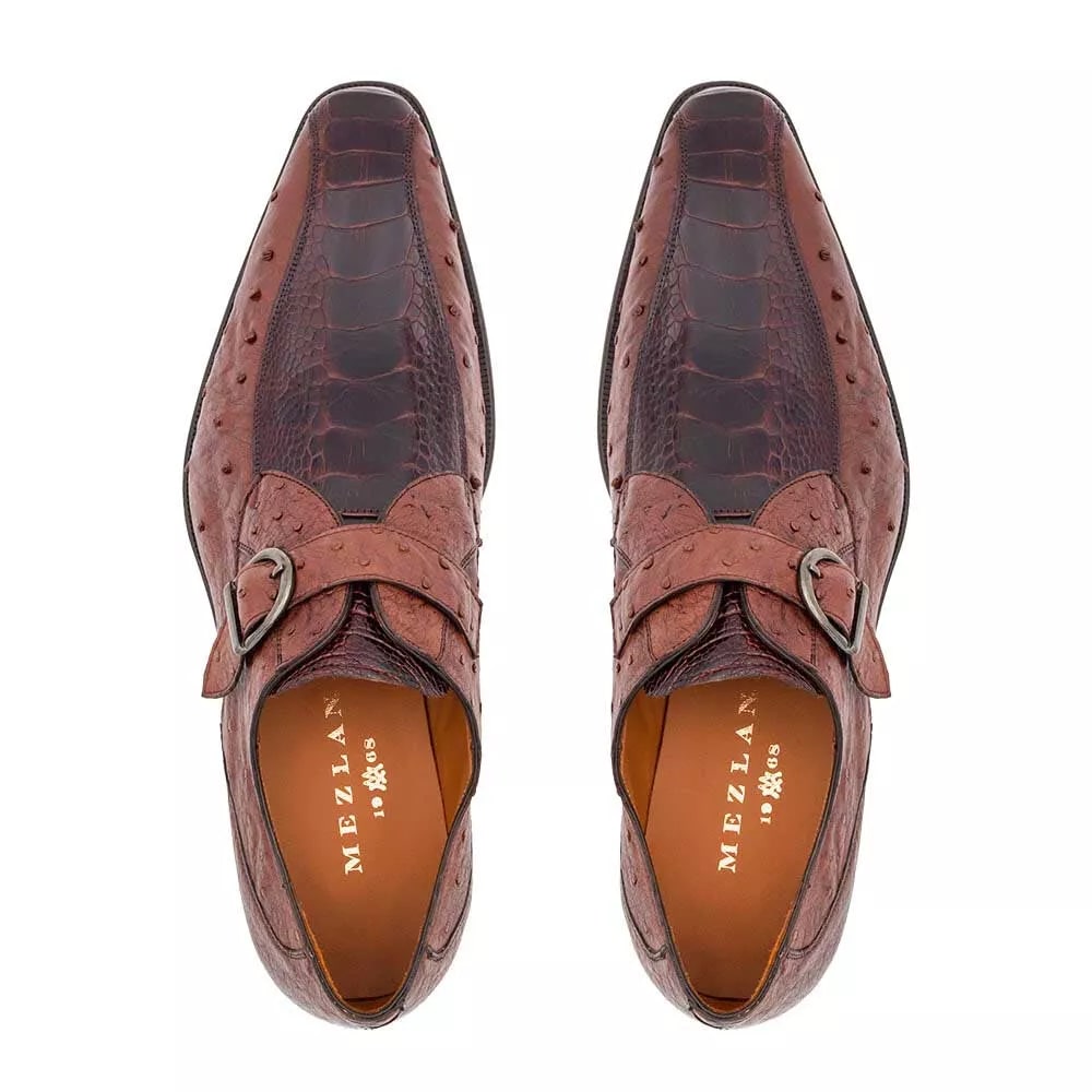 Men's Brown Leather Monk Strap Shoes: Genuine Ostrich Leg Quill