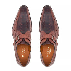 Men's Brown Leather Monk Strap Shoes: Genuine Ostrich Leg Quill