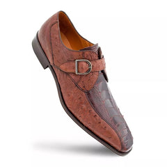 Men's Brown Leather Monk Strap Shoes: Genuine Ostrich Leg Quill