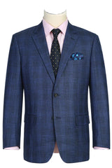 Men's Navy Blue Windowpane Plaid Blazer Sport Coat - Classic Fit Two Button