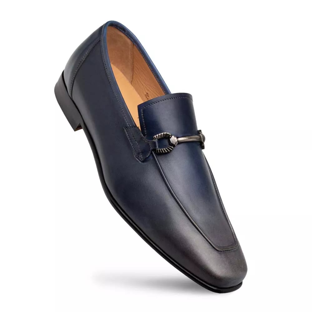 Men's Leather Bit Loafers - Mezlan Brunello Two-Tone Dress Shoes in Pearl Grey/Navy