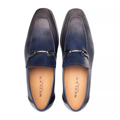 Men's Leather Bit Loafers - Mezlan Brunello Two-Tone Dress Shoes in Pearl Grey/Navy