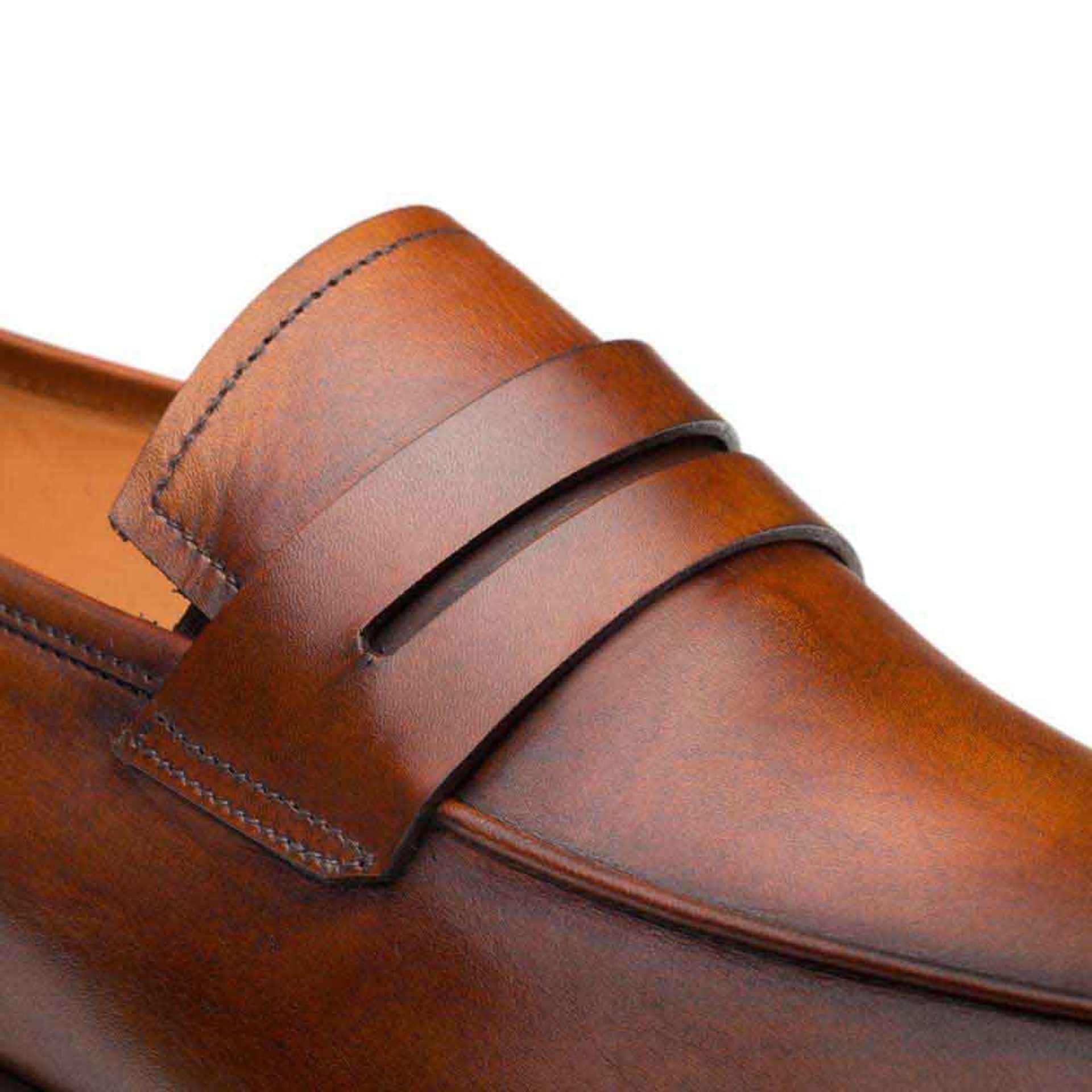 Men's Cognac Leather Penny Loafers - Mezlan Burnished Calfskin Slip-On Dress Shoes