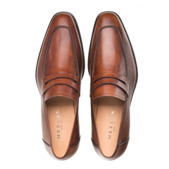 Men's Cognac Leather Penny Loafers - Mezlan Burnished Calfskin Slip-On Dress Shoes