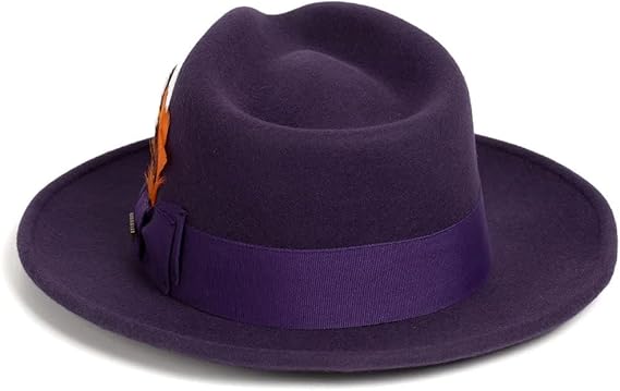 Men's Crushable Wool Fedora Hat - Purple Gangster Fedora with Removable Feather