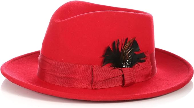 Men's Wool Fedora Hat - Crushable, Red, with Removable Feather