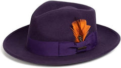 Men's Crushable Wool Fedora Hat - Purple Gangster Fedora with Removable Feather