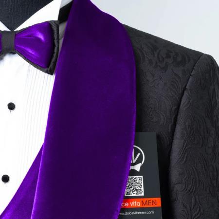 Men's Slim Fit Black Tuxedo with Purple Velvet Lapel - 3 Piece Suit for Wedding/Prom