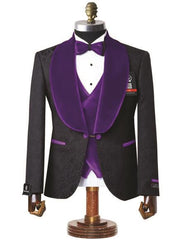 Men's Slim Fit Black Tuxedo with Purple Velvet Lapel - 3 Piece Suit for Wedding/Prom