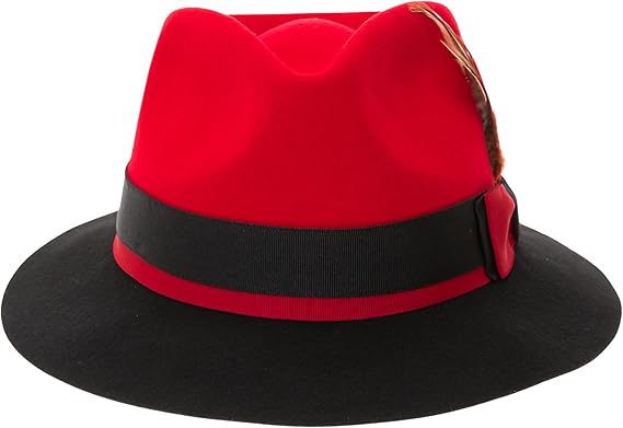 Men's Wool Fedora Hat with Feather - Crushable, Red & Black