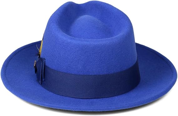 Mens Wool Fedora Hat with Feather - Crushable, Royal Blue