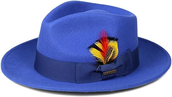 Mens Wool Fedora Hat with Feather - Crushable, Royal Blue