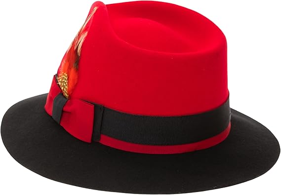 Men's Wool Fedora Hat with Feather - Crushable, Red & Black