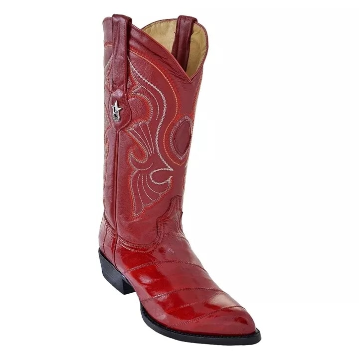 Men's Red Eel Skin Cowboy Boots - Genuine Leather J-Toe Western Boots