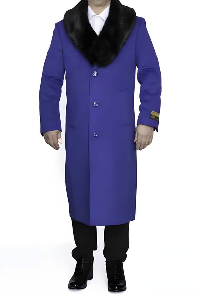 Men's Royal Blue Wool Overcoat with Removable Fur Collar | Full Length Winter Coat