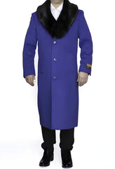 Men's Royal Blue Wool Overcoat with Removable Fur Collar | Full Length Winter Coat