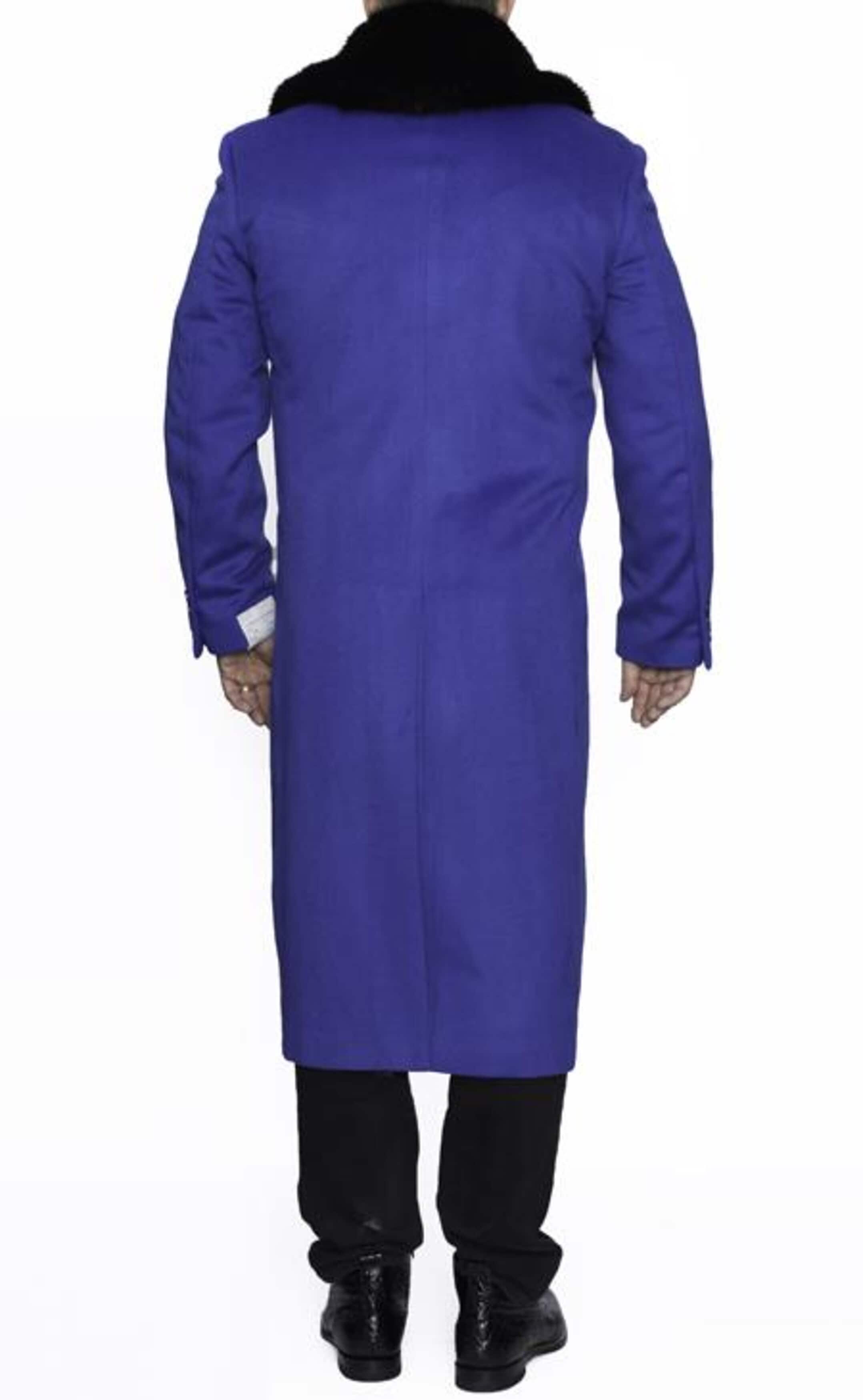 Men's Royal Blue Wool Overcoat with Removable Fur Collar | Full Length Winter Coat