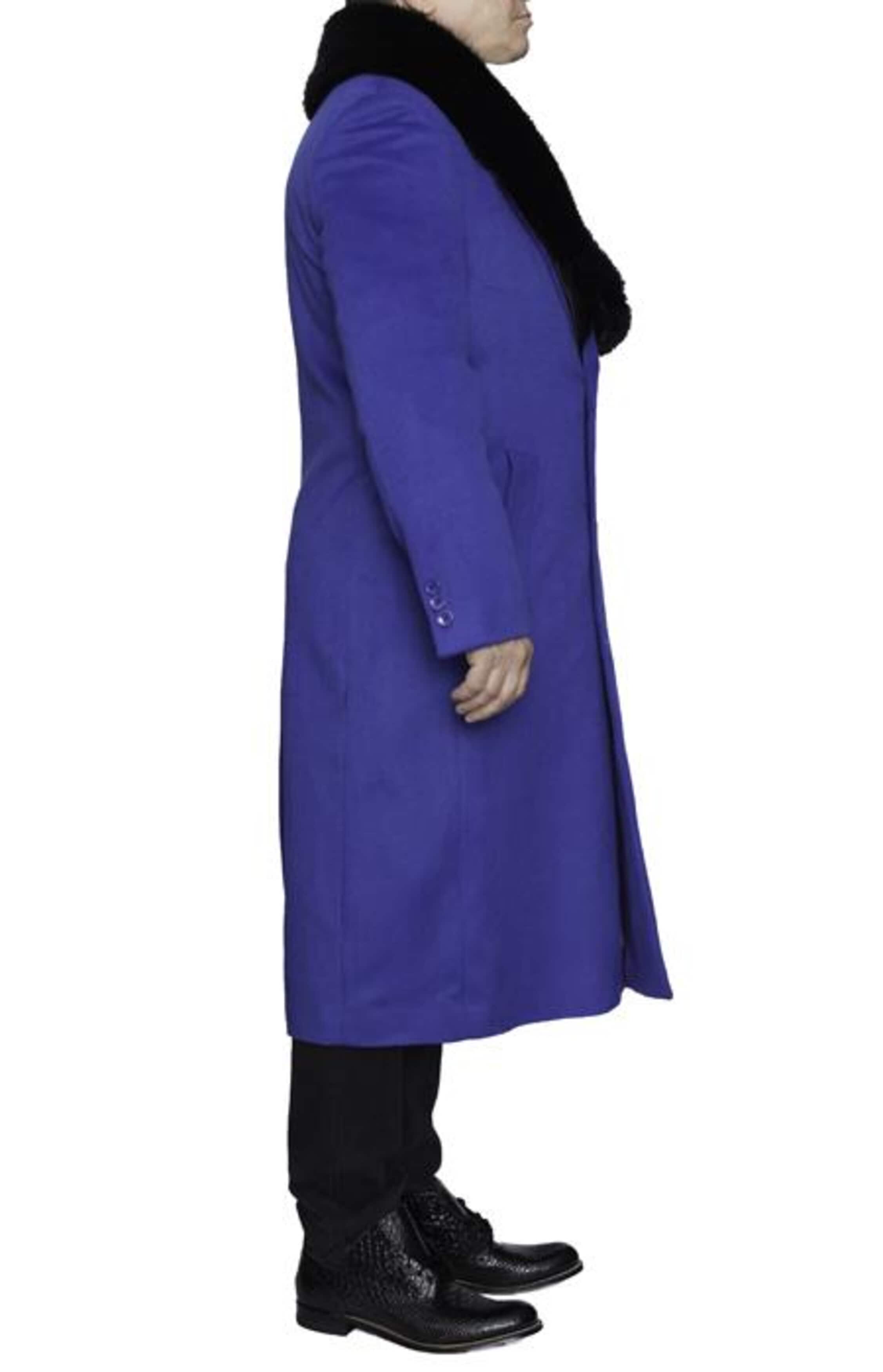 Men's Royal Blue Wool Overcoat with Removable Fur Collar | Full Length Winter Coat