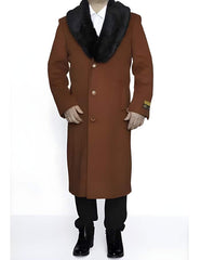 Men's Wool Overcoat with Removable Faux Fur Collar | Full Length Winter Dress Coat