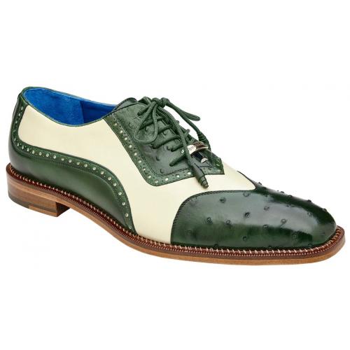 Men's Italian Leather Wingtip Dress Shoes, Genuine Ostrich, Forest Green/Cream, Belvedere Sesto