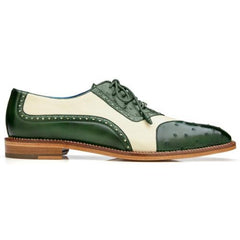 Men's Italian Leather Wingtip Dress Shoes, Genuine Ostrich, Forest Green/Cream, Belvedere Sesto