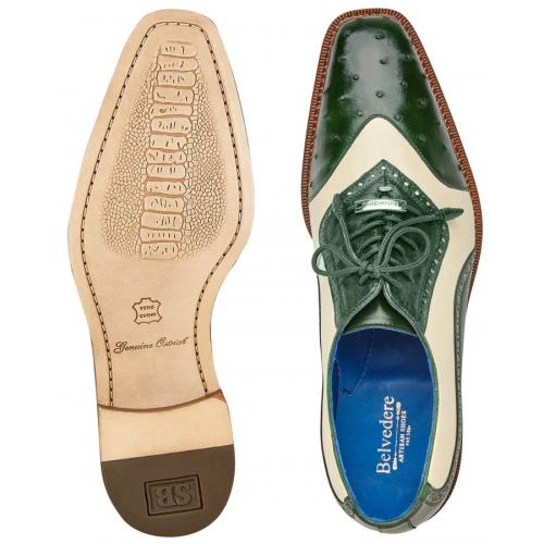 Men's Italian Leather Wingtip Dress Shoes, Genuine Ostrich, Forest Green/Cream, Belvedere Sesto