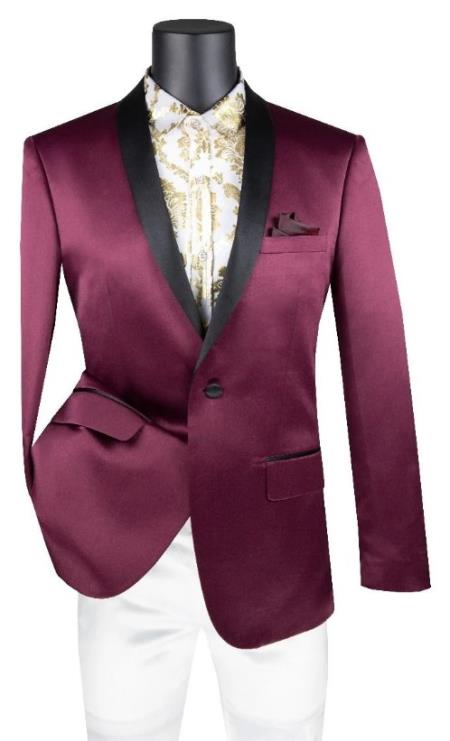 Burgundy Sharkskin Tuxedo: Shiny Suit for Prom & Wedding