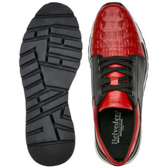 Genuine Crocodile & Calfskin Leather Sneakers - Belvedere Titan Black/Red Casual Shoes