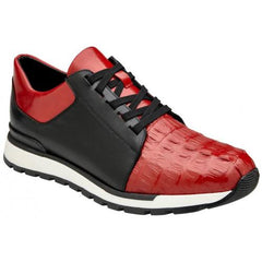 Genuine Crocodile & Calfskin Leather Sneakers - Belvedere Titan Black/Red Casual Shoes