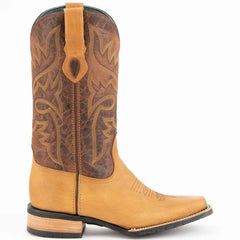 Men's Tan Leather Cowboy Boots - Ferrini Kingston Square Toe Western Boots - Handcrafted Rubber Sole