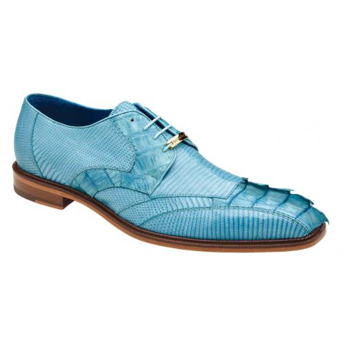 Men's Genuine Caiman Crocodile & Lizard Dress Shoes, Blue Leather Summer Oxfords, Belvedere Valter