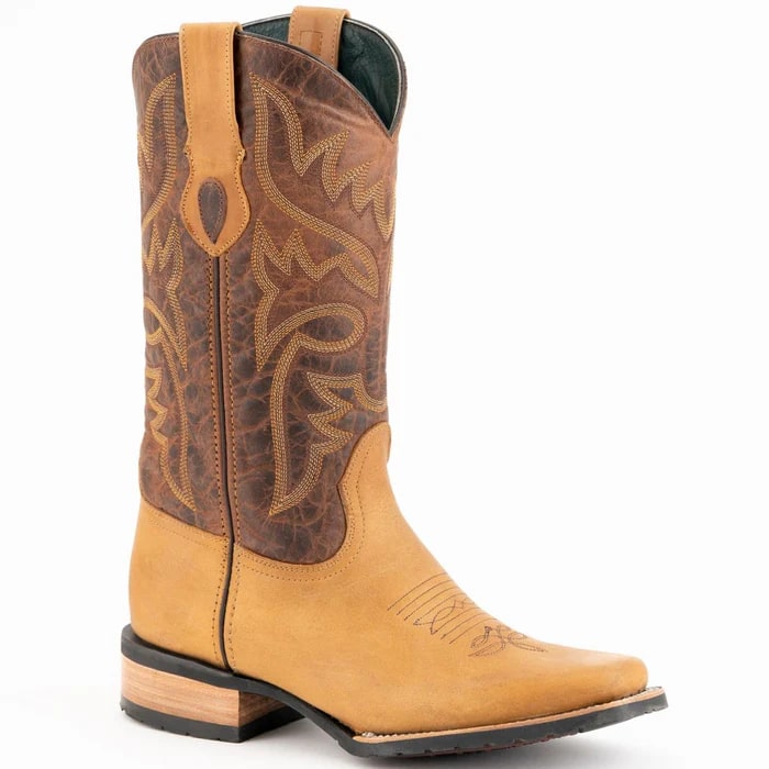 Men's Tan Leather Cowboy Boots - Ferrini Kingston Square Toe Western Boots - Handcrafted Rubber Sole