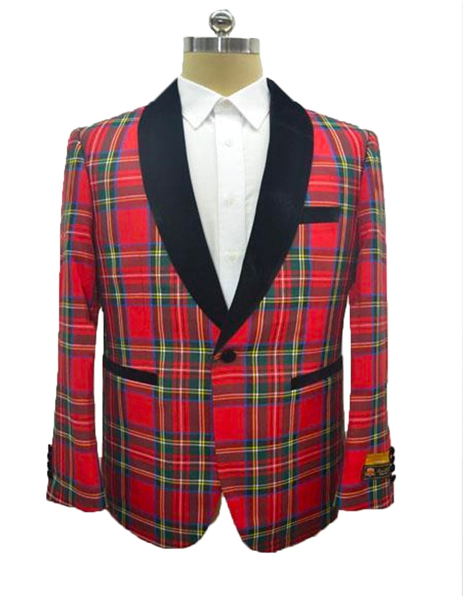 Men's Christmas Blazer Jacket - Red Plaid Holiday Party Suit Jacket