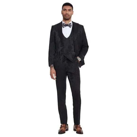 Men's 3-Piece Black Floral Suit Set - Slim Fit Prom/Wedding Tuxedo with Double Breasted Vest by Tazzio (2024)