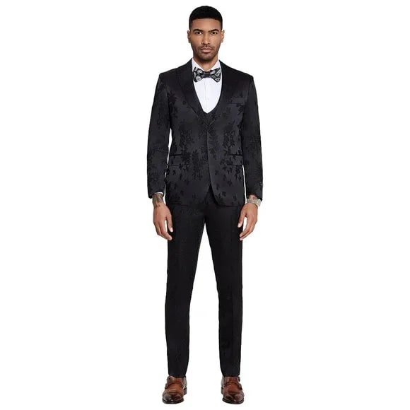 Men's 3-Piece Black Floral Suit Set - Slim Fit Prom/Wedding Tuxedo with Double Breasted Vest by Tazzio (2024)