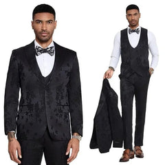 Men's 3-Piece Black Floral Suit Set - Slim Fit Prom/Wedding Tuxedo with Double Breasted Vest by Tazzio (2024)