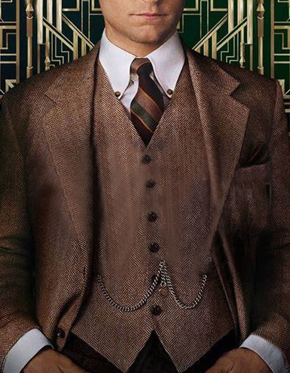 Men's 1920s Gatsby Tweed Suit Vest Herringbone Vintage Retro Light Brown