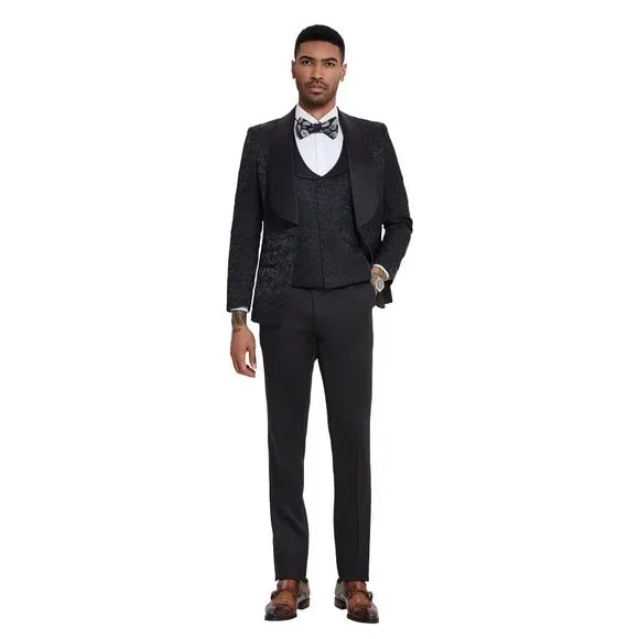 Men's 3-Piece Paisley Tuxedo Suit - Slim Fit Black Formal Wedding Prom Suit by Tazzio (2024)