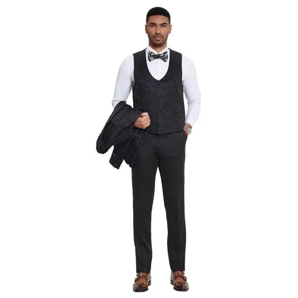 Men's 3-Piece Paisley Tuxedo Suit - Slim Fit Black Formal Wedding Prom Suit by Tazzio (2024)