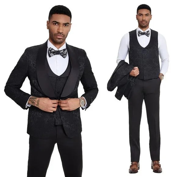 Men's 3-Piece Paisley Tuxedo Suit - Slim Fit Black Formal Wedding Prom Suit by Tazzio (2024)