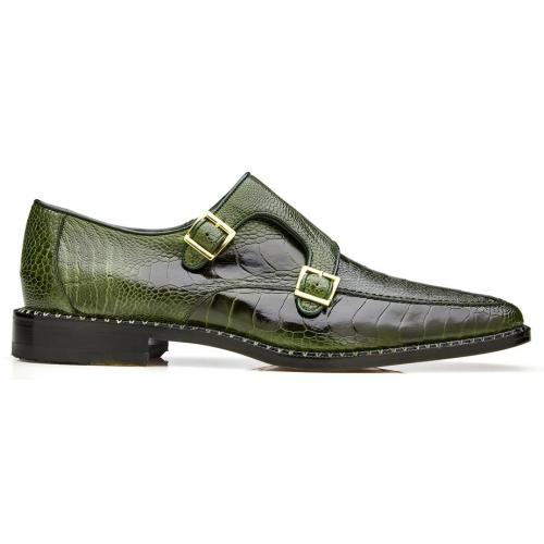 Men's Green Ostrich Leg Leather Monk Strap Dress Shoes