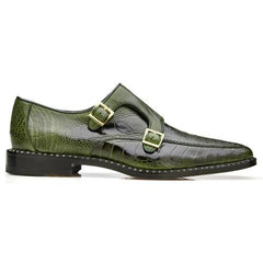 Men's Green Ostrich Leg Leather Monk Strap Dress Shoes